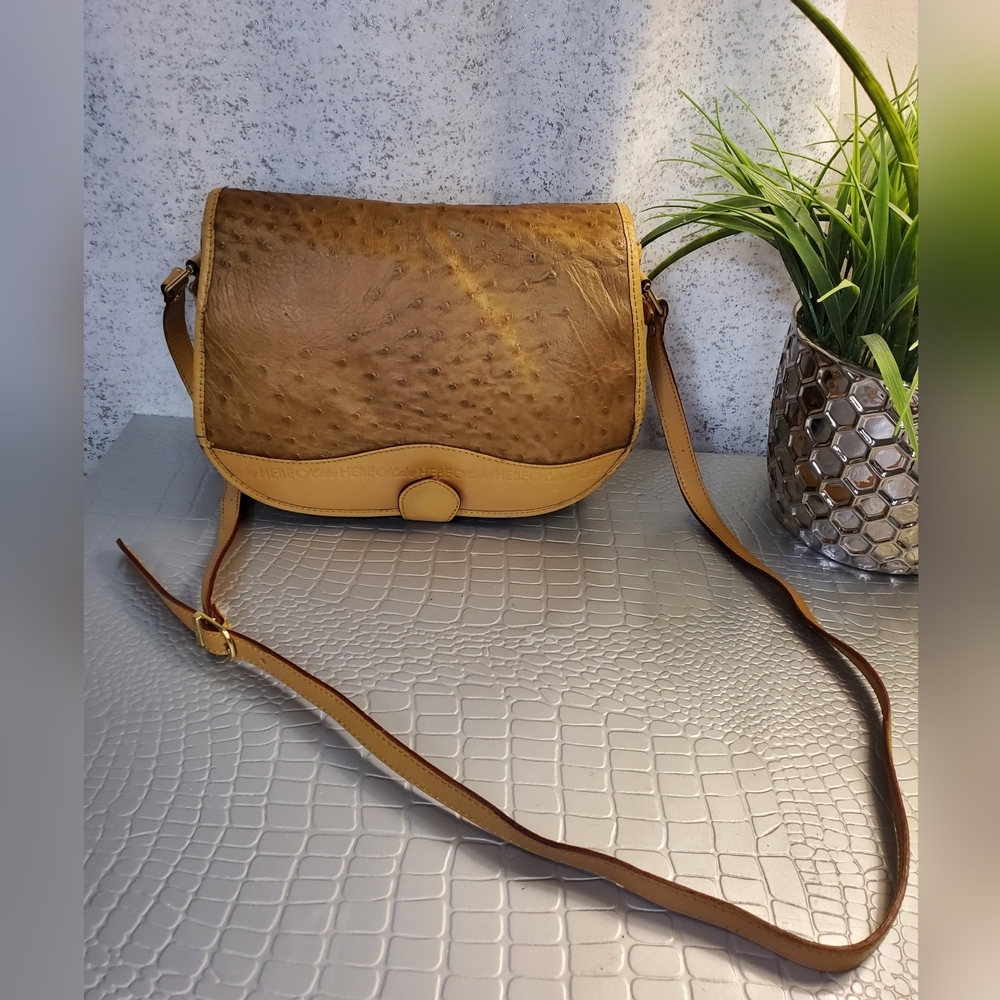 Hebe By Celia Taupe Signature Vintage  Tan Leather Crossbody Bag